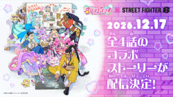 3boys 6+girls absurdres ahoge akechi_anna akuma_(street_fighter) antenna_hair black_bow black_capelet black_dress black_hair blonde_hair blue_eyes blue_hair blue_hat bow braid breasts brooch brown_eyes brown_hair butterfly_hat_ornament capelet chinese_clothes chun-li closed_eyes closed_mouth crop_top crossover cure_answer cure_arcana_shadow cure_eclair cure_mystique dark-skinned_female dark-skinned_male dark_skin dated diamond_hairband double_bun dress earphones earphones earrings facial_hair fairy_(precure) fingerless_gloves frilled_capelet frilled_cuffs frills glove_bow glove_ribbon gloves gradient_hair green_eyes hair_bow hair_bun hair_intakes hair_ornament hair_pulled_back hairband hat hat_ornament heart heart_brooch highres holding howa_kurea jacket jamie_siu jett_(human)_(precure) jett_(precure) jewelry kimberly_jackson kobayashi_mikuru long_hair magical_girl mashu-tan meitantei_precure! midriff moria_luluka multicolored_hair multiple_boys multiple_girls muscular muscular_male official_art open_mouth pants parted_bangs pink_capelet pink_dress pink_hair pochi-tan ponytail precure promotional_art purple_capelet purple_dress purple_hair purple_veil purple_wrist_cuffs red_bow shirt shushu-tan single_braid skirt smile street_fighter street_fighter_6 touyama_nao twin_braids veil very_dark_skin very_long_hair violet_eyes voice_actor_connection white_gloves whiteboard wrist_cuffs 