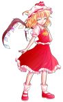  1girl ascot blonde_hair closed_eyes dairi flandre_scarlet hat hat_ribbon mob_cap open_mouth puffy_sleeves red_shoes ribbon shirt shoes short_sleeves simple_background skirt skirt_set smile solo touhou vest white_background wings 