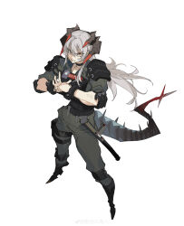  1girl absurdres arknights bandaid bandaid_on_face baton_(weapon) black_boots black_choker body_armor boots chinese_commentary choker collared_shirt commentary cracking_knuckles elbow_pads floating_hair full_body grey_pants grey_shirt hair_between_eyes highres horns jinrou_da_niao_ren knee_pads long_hair looking_at_viewer looking_up official_alternate_costume orange_eyes own_hands_together pants saria_(arknights) saria_(the_law)_(arknights) shirt shoulder_pads simple_background sleeves_rolled_up solo standing tail tonfa watermark weapon weibo_username weibo_watermark white_background white_hair 
