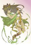  1girl animal_ears barefoot bastet_(p&amp;d) between_legs blush brown_hair cat_ears cat_tail fang green_eyes highres long_hair navel puzzle_&amp;_dragons skirt solo tail tail_between_legs tail_grab tan tiara tokiti 