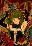  akiyamabc armpits arms_up bangs blunt_bangs bow dress earrings elbow_gloves flower gloves green_eyes green_hair hair_bow jewelry long_hair original rose sleeveless 