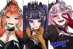  3girls :d black_choker black_crown black_shirt black_tiara blunt_bangs breasts choker colored_inner_hair commentary_request crown earrings feather_earrings feathers gloves gradient_hair green_feathers green_hair grin happy_anniversary high_ponytail highres hololive hololive_english holomyth jewelry large_breasts long_hair looking_at_viewer medium_hair mini_crown mole mole_under_eye mori_calliope multicolored_hair multiple_girls necklace ninomae_ina'nis open_mouth orange_choker orange_gloves orange_hair pendant_choker pink_eyes pink_hair ponytail purple_hair red_gloves shirt sidelocks simple_background small_breasts smile takanashi_kiara tentacle_hair tiara tilted_headwear translation_request two-tone_hair upper_body violet_eyes virtual_youtuber white_background youlike0315 