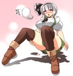  1girl :o ankle_boots blush bob_cut boots breasts brown_legwear convenient_leg curvy hair_ribbon hairband hand_on_own_thigh highres hitodama konpaku_youmu konpaku_youmu_(ghost) large_breasts looking_at_viewer open_mouth ribbon short_hair sitting solo thick_thighs thigh-highs thighs touhou translation_request ueda_katsuhito white_hair 