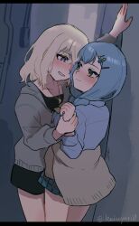  2girls bang_dream! bang_dream!_it's_mygo!!!!! blonde_hair blue_hair blue_nails blush braid collarbone commentary crescent crescent_necklace eye_contact face-to-face grin hair_ornament hairclip holding_another's_wrist jewelry kabedon long_hair long_sleeves looking_at_another medium_hair misumi_uika multiple_girls multiple_hairclips necklace penguinbu school_uniform smile standing togawa_sakiko twin_braids twitter_username upper_body violet_eyes yellow_eyes yuri 