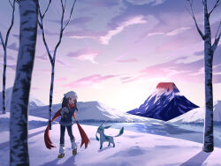  1girl :d absurdres akari_(pokemon) alternate_eye_color bare_tree black_hair clouds commentary_request glaceon headscarf highres holding holding_pokemon jacket logo long_hair long_sleeves neko_211293 open_mouth outdoors pokemon pokemon_(creature) pokemon_legends:_arceus red_scarf rowlet scarf shoes sidelocks skirt sky smile snow socks standing tree volcano white_socks 
