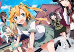  5girls abukuma_(kantai_collection) akatsuki_(kantai_collection) black_hair blonde_hair blue_eyes blush braid brown_hair building candy cat clouds dutch_angle fang gochou_(atemonai_heya) kantai_collection kitakami_(kantai_collection) lollipop multiple_girls skirt sky teasing violet_eyes yukikaze_(kantai_collection) yuubari_(kantai_collection) 