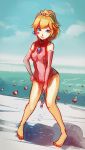  adapted_costume barefoot blue_eyes crown doomfest earrings elbow_gloves gem gloves highres jewelry long_hair one-piece_swimsuit ponytail princess_peach puddle super_mario_bros. swimsuit wet wet_clothes 