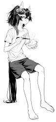  1girl absurdres animal_ears barefoot bowl chewing chopsticks closed_eyes commentary ear_covers full_body hair_ornament highres holding holding_bowl holding_chopsticks horse_ears horse_girl horse_tail katsuragi_ace_(umamusume) monochrome multicolored_hair rice shirt short_sleeves shorts sitting solo streaked_hair tail tassel tassel_hair_ornament umamusume untranslatable_commentary uri_umu white_background 