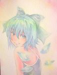  1girl acrylic_paint_(medium) blue_eyes blue_hair bow cirno graphite_(medium) hair_bow highres ice ice_wings lips looking_back one-piece_swimsuit school_swimsuit short_hair smile solo swimsuit touhou traditional_media watercolor_(medium) wings yuyu_(00365676) 