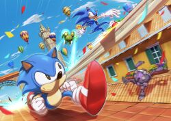  2boys 2others aircraft blue_sky blurry blurry_background clenched_hand clock clock_tower clouds commentary_request confetti day dual_persona dutch_angle emphasis_lines flower_bed ganbariiiyo gloves grinding hedgehog_boy highres hot_air_balloon humanoid_robot looking_at_another male_focus motion_blur multiple_boys multiple_others on_rooftop open_window_shutter outdoors red_shoes robot rooftop running shoes sky smile sonic_(series) sonic_generations sonic_the_hedgehog spire tile_roof tower white_gloves window window_shutter 