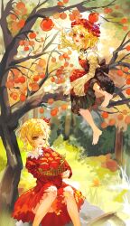  2girls absurdres aki_minoriko aki_shizuha apron barefoot basket black_ribbon black_skirt blonde_hair choker dress food frilled_sleeves frills fruit grape_hat_ornament hair_ornament hat highres holding holding_basket juliet_sleeves leaf leaf_hair_ornament long_sleeves maple_leaf mob_cap multiple_girls one_eye_closed open_mouth orange_apron orange_dress orange_eyes outdoors persimmon puffy_sleeves ribbon ribbon_choker shirt short_hair siblings sisters sitting_on_branch skirt smile tan_xiao_ye toes touhou tree wide_sleeves yellow_eyes yellow_shirt 
