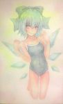  1girl acrylic_paint_(medium) blue_eyes blue_hair bow cirno graphite_(medium) hair_bow highres ice ice_wings lips one-piece_swimsuit school_swimsuit short_hair solo swimsuit touhou traditional_media watercolor_(medium) wings yuyu_(00365676) 