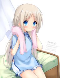  1girl ao_dai bed blue_eyes blush closed_mouth commentary_request curtains grey_hair highres holding holding_towel kud_wafter kudpoid_(71139) little_busters! long_hair noumi_kudryavka on_bed shorts sitting smile towel 