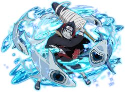  1boy akatsuki_uniform black_coat black_hair coat colored_skin forehead_protector gills grey_pants grey_skin grin holding holding_sword holding_weapon hoshigaki_kisame huge_weapon jewelry kirigakure_symbol looking_at_viewer male_focus naruto_(series) naruto_shippuuden:_ultimate_ninja_blazing official_art pants print_coat ring samehada_(naruto) shark sharp_teeth short_hair smile solo spiky_hair sword teeth water weapon 