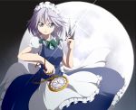  1girl apron between_fingers bow braid breasts bwell chain expressionless full_moon glint grey_eyes hair_bow izayoi_sakuya knife looking_at_viewer maid_headdress moon pocket_watch puffy_short_sleeves puffy_sleeves roman_numerals short_sleeves silver_hair skirt skirt_set solo touhou twin_braids waist_apron watch wind 