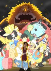 animal_ears brook_(one_piece) franky_(one_piece) grin happy hug jaguar_d._saul jinbe_(one_piece) long_hair monkey_d._luffy multiple_boys multiple_girls nami_(one_piece) nico_robin one_piece roronoa_zoro sanji_(one_piece) smile tony_tony_chopper usopp younger