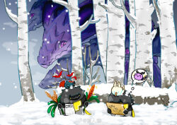  2boys 3girls animalization arknights arknights:_endfield bat_(animal) bird camille_(arknights) chibi chinese_commentary commentary_request endministrator_(arknights) female_endministrator_(arknights) forest hua_ren_nan male_endministrator_(arknights) multiple_boys multiple_girls multiple_heads nature pelican perlica_(arknights) snow snowing typhoeus_(arknights) typhon_(arknights) 