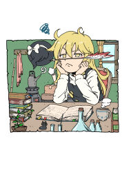  1girl :< ahoge black_hat black_vest blonde_hair book book_stack bookmark bottle bow box braid broom cat chair chemistry closed_mouth coffee_mug commentary_request cup curtains desk erlenmeyer_flask feathers flask flower_pot frown hair_between_eyes hands_on_own_face hat hat_bow head_rest highres indoors inuno_rakugaki kettle kirisame_marisa long_hair long_sleeves looking_at_viewer missing_headwear mug open_book plant potted_plant quill reading shirt single_braid sitting solo squiggle steam table test_tube touhou unworn_hat unworn_headwear upper_body vest white_bow white_shirt window witch_hat yellow_eyes 