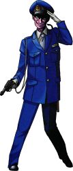  1boy absurdres blue_pants collared_shirt demon_(megami_tensei) devil_summoner_(game) devil_summoner_(series) gloves green_eyes gun handgun hat highres holding holding_gun holding_weapon kazuma_kaneko male_focus necktie official_art pants police police_hat police_uniform salute shirt smile solo third-party_source transparent_background weapon white_gloves zombie zombie_cop_(megami_tensei) 