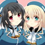  2girls atago_(kantai_collection) black_hair blonde_hair hat kantai_collection long_hair looking_at_viewer military military_uniform multiple_girls personification red_eyes short_hair smile takao_(kantai_collection) tamagawa_yukimaru uniform 