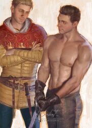  2boys abs artist_name belt black_gloves black_pants blonde_hair brown_belt brown_eyes brown_hair cloak close-up closed_mouth collarbone commentary cropped dagger eye_contact gloves hans_capon henry_of_skalitz highres holding holding_sword holding_weapon kingdom_come:_deliverance kingdom_come:_deliverance_ii knife krabat looking_at_another looking_to_the_side male_focus multiple_belts multiple_boys navel pants pectorals red_cloak shiny_skin short_hair smile sword topless_male tunic very_short_hair weapon web_address white_background yellow_tunic 
