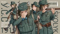  1girl :d absurdres aiming army austria-hungary bloodshot_eyes blue_eyes bolt_action boots brown_hair buttons character_name combat_boots commentary commission english_commentary eye_injury fang finger_on_trigger flower full_body gun hat highres holding holding_gun holding_weapon jacket long_sleeves mannlicher_m1895 marching mazepynka messy_hair military military_combat_uniform military_hat military_rank_insignia military_uniform multiple_views one_eye_closed open_mouth original rifle scar scar_across_eye scar_on_cheek scar_on_face second-party_source short_hair_with_long_locks sidelocks skin_fang skolyk_(ko_winters) smile smoke smoking soldier the_zombie5555 ukraine ukrainian_sich_riflemen ukrainian_text vest_pouch weapon world_war_i 