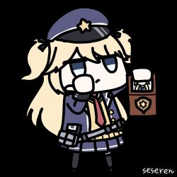  1girl animated animated_gif artist_name blonde_hair blue_eyes chibi chibi_only commentary expressionless girls_frontline hair_between_eyes hair_ribbon hat holding jacket long_hair long_sleeves looking_ahead lowres necktie open_clothes open_jacket pantyhose pointing police_badge red_necktie ribbon seseren shirt simple_background solo super-shorty_(girls'_frontline) two_side_up white_background 