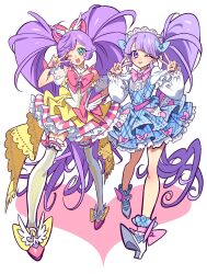  2girls :d ;d absurdly_long_hair ahoge blue_dress blunt_bangs bow double_v dress footwear_bow full_body green_eyes hair_bow hands_up high_heels highres idol legs_apart long_hair looking_at_viewer manaka_laala manaka_non meremero multiple_girls musical_note one_eye_closed open_mouth pink_bow pink_shoes plaid_clothes plaid_dress pretty_series pripara purple_hair shoes siblings side_ponytail sisters smile standing thigh-highs treble_clef twintails v very_long_hair violet_eyes white_background white_shoes white_thighhighs yellow_bow yellow_dress 