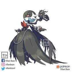  1girl absurdres artist_name black_dress black_skin bob_cut bracelet bright_pupils chain colored_skin digimon digimon_(creature) dress facebook_logo fusion gardevoir highres instagram_logo jewelry ladydevimon multicolored_skin patreon_logo pokemon pokemon_(creature) red_eyes simple_background standing torn_clothes torn_dress twitter_logo two-tone_skin villiam_boom white_background white_pupils white_skin wings 