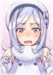  1girl aila_jyrkiainen blue_eyes blush bust elbow_gloves gloves gundam gundam_build_fighters hat long_hair looking_at_viewer matsuryuu open_mouth silver_hair solo 