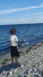  1girl barefoot beach black_skirt brown_hair clouds cloudy_sky collared_shirt commentary duskworks_ura english_commentary facing_away footprints full_body highres photo_background sand shirt shore short_hair short_sleeves skirt sky solo standing touhou usami_renko water waves white_shirt 