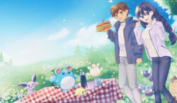  1boy 1girl alternate_costume alternate_eye_color alternate_hairstyle antenna_hair backpack bag bilingual_commentary black_coat black_pants blue_sky blush braid breasts bright_pupils brown_eyes brown_hair character_request coat commentary double-parted_bangs english_commentary espeon food grass grey_pants hair_between_eyes hero_(faraway)_(omori) hero_(omori) holding holding_plate jacket joltik long_sleeves looking_at_viewer low_twin_braids mari_(faraway)_(omori) mari_(omori) marill maromichan medium_breasts mixed-language_commentary omori open_clothes open_coat open_jacket open_mouth outdoors pants plate pokemon pokemon_(creature) sandwich short_hair skorupi sky smile sweater thermos twin_braids unworn_backpack unworn_bag white_jacket white_pupils white_sweater 