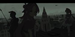  2girls aircraft airplane arms_at_sides blue_eyes bow building capelet city cityscape closed_mouth cure_answer cure_mystique dark dress european_architecture expressionless hair_bow hair_bun highres long_hair looking_to_the_side meitantei_precure! multiple_girls muted_colors on_roof orval overcast parted_bangs pink_hair polearm precure short_dress side_up_bun sky spear spire standing statue twintails urban weapon 
