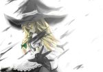  1girl blonde_hair bow braid darkness dress dusk_(artist) gloves grin hair_bow hat kirisame_marisa outstretched_arms simple_background smile solo touhou white_background witch_hat yellow_eyes 
