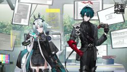  1boy 1girl animal_ears arcane_(arknights) arknights arknights:_endfield armor asymmetrical_gloves bird_ears bird_girl black_gloves black_jacket blood blue_eyes camille_(arknights) cape commentary_request controller copyright_logo copyright_notice elbow_gloves facial_mark forehead_mark game_controller gloves green_hair grey_hair halo head_wings highres hinatsu holding holding_controller holding_game_controller jacket logo long_hair looking_at_viewer mismatched_gloves multicolored_gloves multicolored_hair official_art pauldrons pinstripe_jacket pinstripe_pattern pointy_ears red_gloves red_halo short_hair shoulder_armor single_pauldron spiked_halo streaked_hair thigh-highs two-sided_cape two-sided_fabric two-tone_cape uneven_gloves wings 