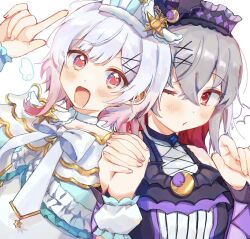  2girls :d colored_inner_hair commentary_request cosplay crescent drawn_wings gold_trim gradient_hair grey_hair hair_ornament hand_up highres holding_hands idol_clothes index_finger_raised interlocked_fingers kurosu_aroma kurosu_aroma_(cosplay) looking_at_viewer mahou_shoujo_no_majo_saiban multicolored_hair multiple_girls neck_ribbon one_eye_closed open_mouth pink_eyes pink_hair pretty_series pripara puppet666 red_eyes red_hair ribbon sakuraba_ema shiratama_mikan shiratama_mikan_(cosplay) shito_alisa short_hair simple_background smile sun_symbol upper_body white_background white_hair white_ribbon x_hair_ornament 