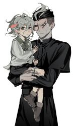  2boys aged_down alternate_costume animal_ears bare_legs black_hair black_robe black_shorts boots bow bowtie brown_boots buttons child closed_mouth collared_robe collared_shirt danganronpa_(series) danganronpa_2:_goodbye_despair deer_boy deer_ears deer_tail extra_ears forehead frown furrowed_brow green_bow green_bowtie green_sailor_collar grey_eyes grey_hair hair_between_eyes heterochromia highres horizontal_pupils kemonomimi_mode komaeda_nagito layered_sleeves lifting_person long_hair_between_eyes long_sleeves looking_at_another looking_at_viewer male_focus messy_hair multicolored_hair multiple_boys pointy_nose priest puffy_long_sleeves puffy_sleeves red_eyes robe rosary sailor_collar saman_zero7 scar scar_across_eye scar_on_face shirt short_hair short_over_long_sleeves short_sleeves shorts sideburns simple_background streaked_hair sweatdrop tail tanaka_gundham two-tone_hair very_short_hair white_background white_hair white_shirt 