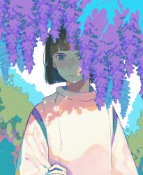  1boy animated animated_gif aqua_eyes black_hair blush bob_cut closing_eyes flower haku_(sen_to_chihiro_no_kamikakushi) hydrangea izenwork japanese_clothes kariginu looking_at_viewer outdoors sen_to_chihiro_no_kamikakushi solo upper_body 