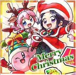  2girls adeleine animal_ears antlers bell bell_kirby belt_buckle black_hair black_pantyhose blue_eyes bow box brooch brown_mittens brown_shoes buckle capelet christmas commentary_request deer_ears dress fairy fairy_wings fake_animal_ears frilled_hairband frills fur-trimmed_capelet fur-trimmed_dress fur-trimmed_headwear fur_trim gift gift_box green_hat green_leg_warmers hairband hat holding holding_bell holding_sack holly horns jewelry kirby kirby_(series) kirby_64 leg_warmers looking_at_viewer merry_christmas mittens multiple_girls one_eye_closed open_mouth pantyhose pink_hair purple_hair rasu_(pixiv9799832) red_bow red_capelet red_dress red_hairband red_hat reindeer_antlers ribbon_(kirby) sack santa_costume santa_dress santa_hat shoes short_hair smile sparkling_eyes star_(symbol) striped_bow two-tone_bow white_dress wings yellow_bow 