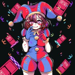  1girl asymmetrical_gloves blue_eyes blue_gloves brown_hair colored_skin door gloves hat hat_bell jester jester_cap jester_costume mismatched_gloves mizzuiita multicolored_eyes multicolored_hat pomni_(the_amazing_digital_circus) puffy_sleeves red_eyes red_gloves scared short_hair short_sleeves spanish_commentary striped_clothes striped_headwear tears the_amazing_digital_circus two-tone_eyes two-tone_hat vertical-striped_clothes vertical-striped_headwear white_skin 