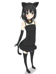  1girl animal_ears bell bell_collar black_dress black_gloves black_hair black_legwear blush cat_ears cat_tail choker collar dress elbow_gloves gloves highres kurobuta_(iina) looking_at_viewer original short_hair simple_background solo tail thighhighs 