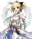  1girl ahoge armor armored_dress bare_shoulders blonde_hair bow caliburn detached_sleeves dress fate/unlimited_codes fate_(series) gauntlets green_eyes hair_bow orbe ponytail saber saber_lily solo sword weapon 