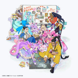  3boys 6+girls ahoge akechi_anna akuma_(street_fighter) antenna_hair bao_bao_bro black_bow black_capelet black_dress black_hair blanka blonde_hair blue_eyes blue_hair blue_hat bow braid breasts brooch brown_eyes brown_hair butterfly_hat_ornament capelet chinese_clothes chun-li closed_eyes closed_mouth commentary_request crop_top crossover cure_answer cure_arcana_shadow cure_eclair cure_mystique dark-skinned_female dark-skinned_male dark_skin diamond_hairband double_bun dress earphones earphones earrings facial_hair fairy_(precure) fingerless_gloves frilled_capelet frilled_cuffs frills glove_bow glove_ribbon gloves gradient_hair green_eyes hair_bow hair_bun hair_intakes hair_ornament hair_pulled_back hairband hat hat_ornament heart heart_brooch highres holding howa_kurea jacket jamie_siu jett_(human)_(precure) jett_(precure) jewelry kimberly_jackson kobayashi_mikuru lily_hawk long_hair luke_sullivan magical_girl manemon-kun mashu-tan meitantei_precure! midriff monoid_(street_fighter) moria_luluka multicolored_hair multiple_boys multiple_girls muscular muscular_male official_art open_mouth pants parted_bangs pink_capelet pink_dress pink_hair pochi-tan ponytail precure promotional_art purple_capelet purple_dress purple_hair purple_veil purple_wrist_cuffs red_bow shirt shushu-tan single_braid skirt smile street_fighter street_fighter_6 thrasher_damnd touyama_nao twin_braids veil very_dark_skin very_long_hair violet_eyes voice_actor_connection white_gloves whiteboard wrist_cuffs 
