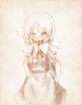  1girl apron arinu bangs blush character_request clenched_hands dress highres long_hair looking_at_viewer maid monochrome mouth_hold pocky puffy_sleeves ribbon sepia sketch solo wide_sleeves 