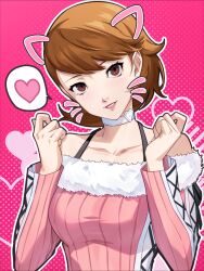  1girl absurdres animal_ears bra_strap breasts brown_eyes brown_hair cat_ears choker collarbone drawn_ears drawn_whiskers ear_piercing earrings fur-trimmed_sweater fur_trim heart heart_choker highres jewelry long_sleeves looking_at_viewer off-shoulder_sweater off_shoulder official_alternate_costume persona persona_3 piercing pink_background pink_sweater shore solo speech_bubble stud_earrings sweater takeba_yukari teeth upper_body wanderstillart white_choker white_fur 
