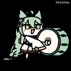  1girl ahoge akashi_(azur_lane) animal_ears animated animated_gif artist_name azur_lane bag cat_ears cat_girl chibi chibi_only chinese_commentary commentary_request dress drum green_hair instrument long_hair long_sleeves lowres mole mole_under_eye open_mouth seseren simple_background sleeves_past_fingers sleeves_past_wrists solo variant_set walking white_background white_dress yellow_eyes 