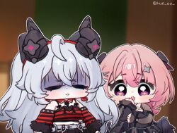  2girls bare_shoulders black_bow black_dress black_horns black_wings bow chibi chibi_only closed_eyes closed_mouth commentary crossed_bangs detached_sleeves dress grey_hair hair_between_eyes hair_bow hair_ornament hairclip horns hue_oo lindverne_sunbringer long_hair mechanical_horns medium_hair multiple_girls official_alternate_costume open_mouth pink_hair red_shirt remielle_dan remielle_dan_(moonlight_whispers) shaded_face shirt striped_clothes striped_shirt untranslatable_commentary violet_eyes wings zenless_zone_zero 