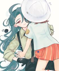  2girls age_difference artist_name black_gloves black_pants blush brown_hair brown_shirt commentary_request ear_piercing earrings eyes_visible_through_hair flying_sweatdrops girl_on_top gloves green_hair hair_between_eyes hair_over_one_eye hat highres jewelry juliana_(pokemon) long_hair looking_at_another migirinano multiple_girls naranja_academy_school_uniform orange_shorts pants piercing pokemon pokemon_scarlet_and_violet red_eyes rika_(pokemon) school_uniform shirt short_hair shorts suspenders sweatdrop twitter_username very_long_hair white_background white_hat white_shirt yuri 