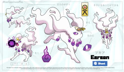  absurdres attack closed_mouth colored_sclera disclaimer english_text fakemon harlequinwaffles highres hitodama multiple_views no_humans ofuda ofuda_on_head pointing_out_the_details pokemon pokemon_(creature) pokemon_focus purple_sclera shadow_ball_(pokemon) translation_request twitter_username white_background 