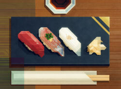  chopsticks commentary_request dada_610 fish_(food) food food_focus ginger_root highres meat nigirizushi no_humans original sauce sushi tray 